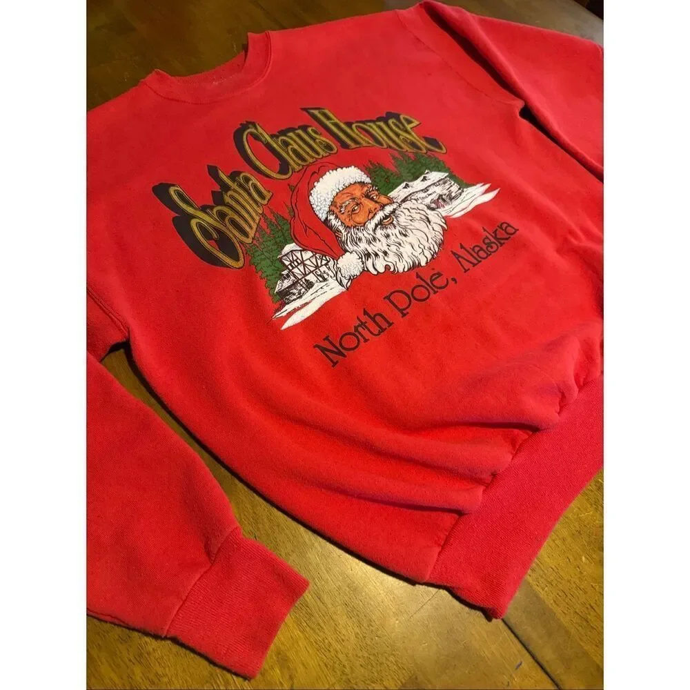 Vintage Santa Claus House Pullover Sweatshirt Large North Pole Alaska Red USA